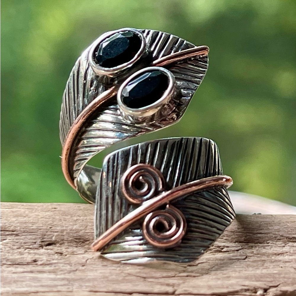 Natural Black Onyx 2 Tone Adjustable Wrap Sterling Silver  Ring